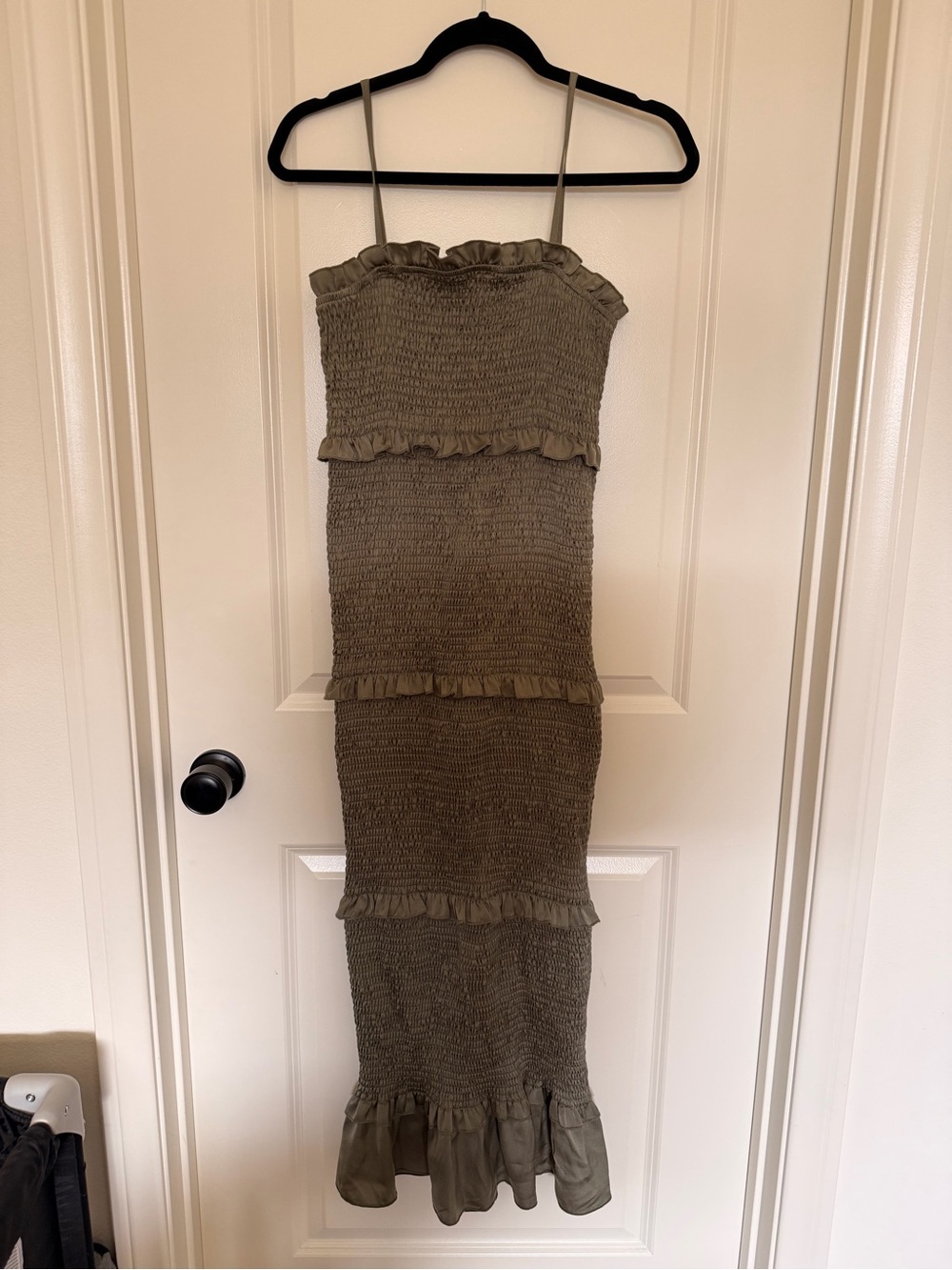 MARBLE Olive Smocked Ruffle Strap Midi Dress